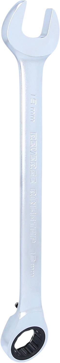 Ein silberner Ringschlüssel mit einer offenen Maul- und einer Ratschenringseite. Auf der Oberfläche sind Größenangaben geprägt.