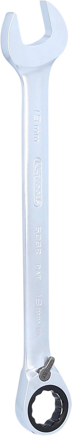 Ein silberner Maul-Ring-Ratschenschlüssel mit 12 mm Gravur, verwendet für mechanische Arbeiten.