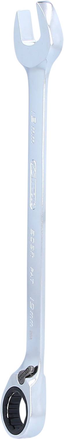 Ein silberner Maul-Ringschlüssel mit Ratschenmechanismus, geeignet zum Lösen oder Festziehen von Schrauben.