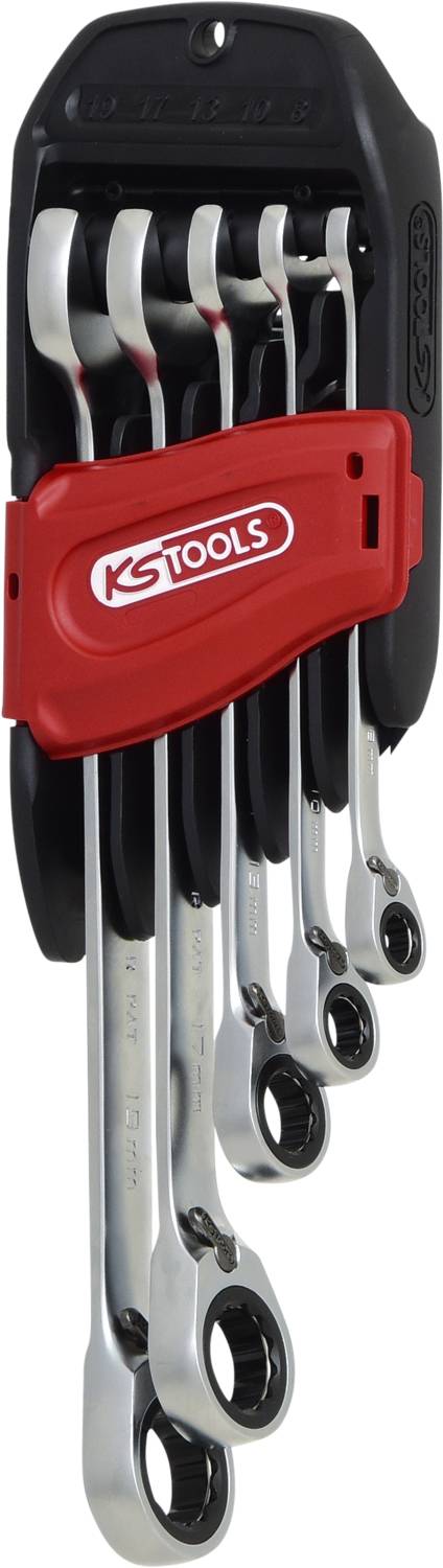 Satz Ring-Ratschenschlüssel in einem roten und schwarzen Halter, Logo von 'KS TOOLS' sichtbar.