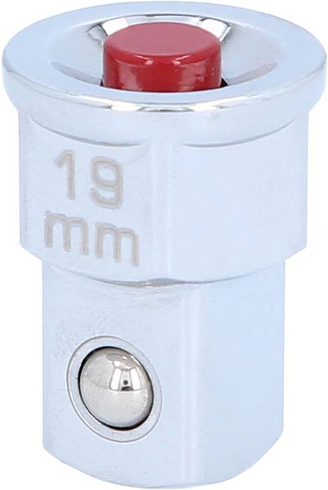 Ein silberner Adapter mit rotem Knopf, der '19 mm' geprägt hat. Hängevorrichtung unten sichtbar. Geeignet für Werkzeugeinsätze.