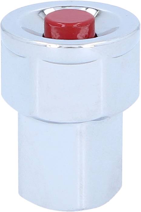 Ein silberner zylindrischer Druckknopf mit roter Kappe, oft als Teil eines mechanischen Gerätes verwendet.