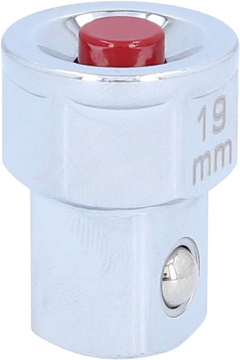 Metalladapter mit rotem Knopf und Aufschrift '19 mm', möglicherweise Teil eines Werkzeugsatzes, für präzise mechanische Anwendungen.