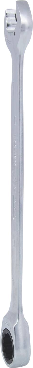 Ein silberner Ringschlüssel mit einer offenen und einer geschlossenen Maulseite, verwendet zum Lösen oder Anziehen von Schrauben oder Muttern.