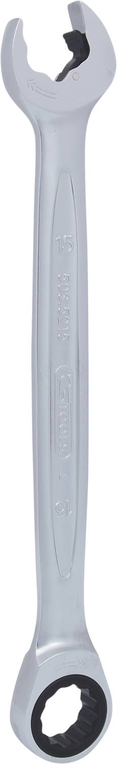 Ein silberner Ringschlüssel mit Ratschenmechanismus, geeignet zum Festziehen oder Lösen von Schrauben und Muttern in handwerklichen Arbeiten.