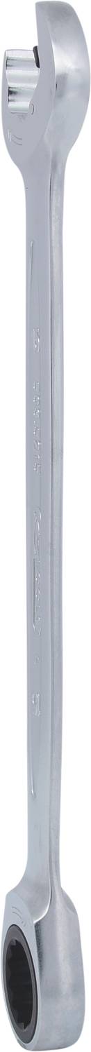 Ein silberner Ringschlüssel mit einem offenen und einem geschlossenen Ende, geeignet zum Lösen und Festziehen von Muttern und Schrauben.