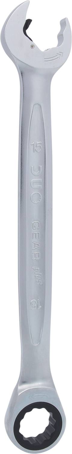 Ein silberner Ringschlüssel mit offener und geschlossener Seite, geeignet zum Festziehen oder Lösen von Schrauben und Muttern.