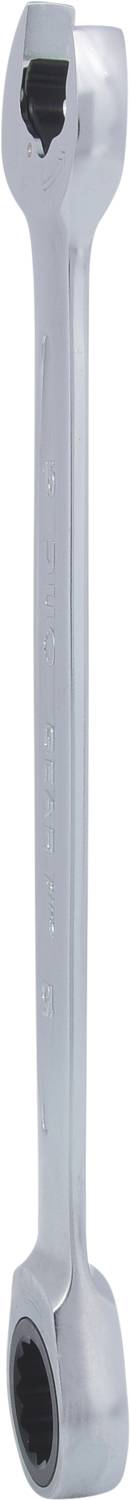 Ein silberner Ringschlüssel mit einer offenen und einer geschlossenen Seite, hauptsächlich zum Anziehen oder Lösen von Muttern und Schrauben.