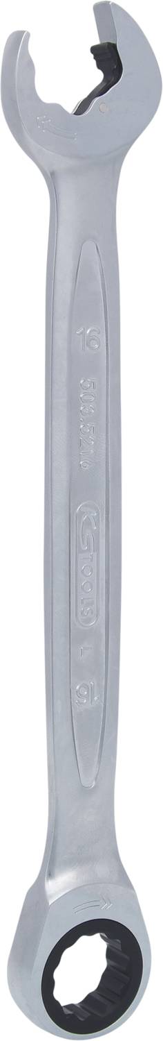 Ein silberner Maulschlüssel mit Ratschenmechanismus am anderen Ende. Werkzeug für das Festziehen oder Lösen von Schrauben.