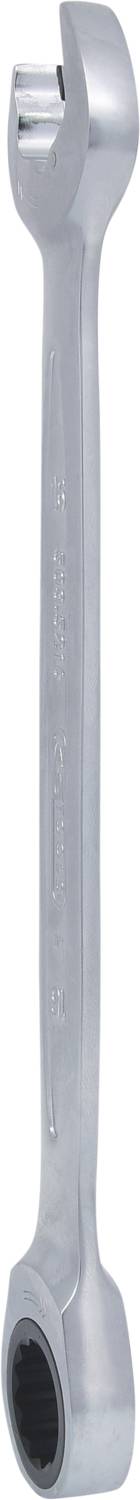 Ein silberner Ringschlüssel mit offener und ringförmiger Endung, geeignet für verschiedene Schraubengrößen.