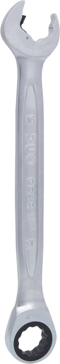 Offener Ringschlüssel aus Metall, mit eckiger und runder Öffnung an den Enden, geeignet für unterschiedliche Schraubengrößen.