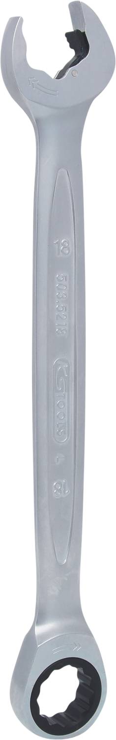 Ein silberfarbener Schraubenschlüssel, oben mit offenem Ende und unten mit Ratschenring, auf weißem Hintergrund.