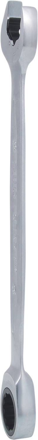 Ein silberner, doppelseitiger Ringschlüssel mit offenen Enden, verwendet zum Festziehen und Lösen von Schrauben und Muttern.