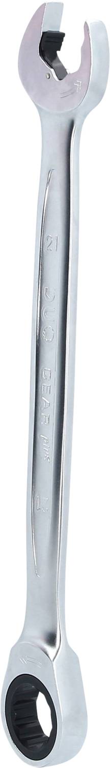 Ein silberner Schraubenschlüssel mit einem offenen Ende und einem Ringschlüssel auf der anderen Seite.