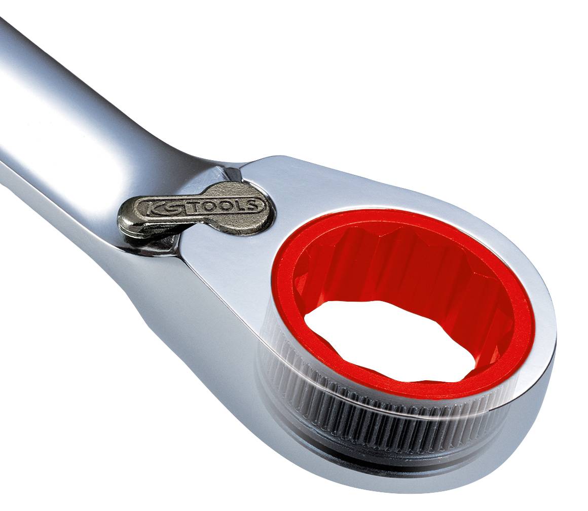 Ein silberner Ratschen-Schlüssel mit rotem Innenring, geeignet für den Einsatz in der Automobil- oder Maschinenwartung.
