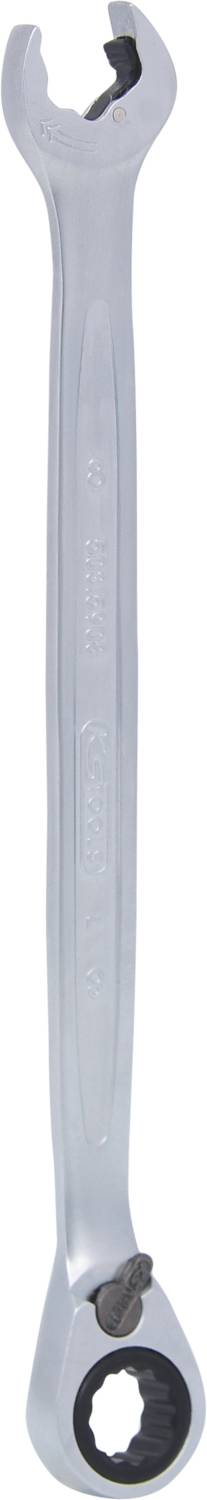 Ein silberner Ratschenringschlüssel mit offenen und geschlossenen Enden, geeignet für verschiedene Schraubgrößen in technischen Anwendungen.