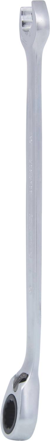 Ein silberner Ringschlüssel mit abgewinkelten Enden, zum Festziehen oder Lösen von Muttern und Schrauben.