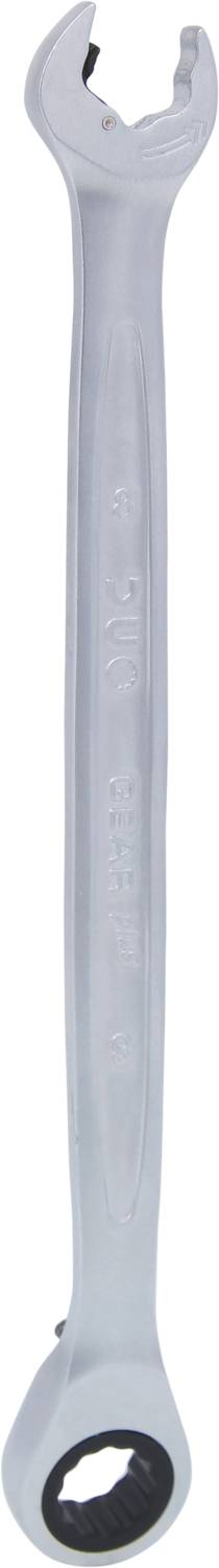 Gabelschlüssel mit Ratschenmechanismus, aus silbernem Metall. Oben offen, unten mit einer Ringschlüsselöffnung. Ideal für Schraubarbeiten.