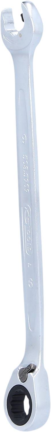 Ein silberner Maulschlüssel mit einer offenen und einer geschlossenen Seite, geeignet für unterschiedliche Schraubengrößen.