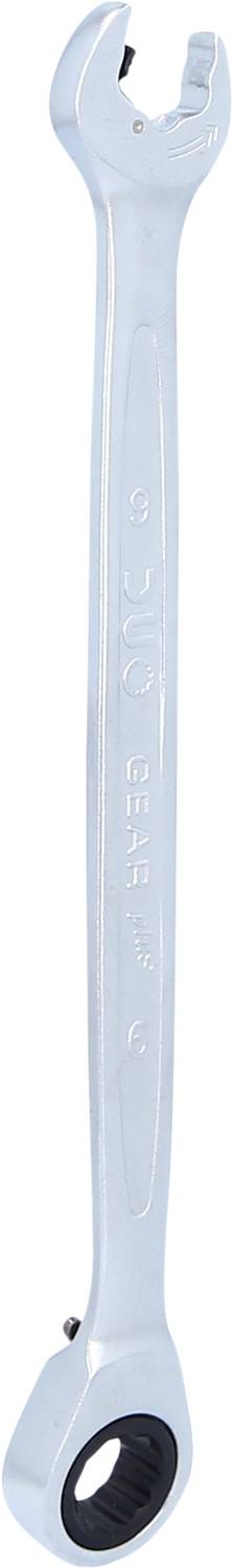 Ein silberner Schraubenschlüssel mit offenem Maul und Ratschenring, zur Befestigung und Lockerung von Schraubverbindungen.