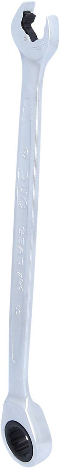 Ein silberner Schraubenschlüssel mit offenem Ende und Ratschenring, geeignet zum Anziehen und Lösen von Schrauben und Muttern.