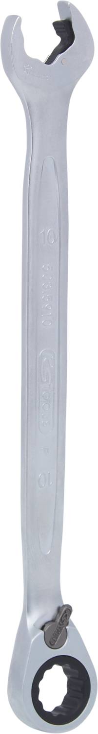 Ein silberner Schraubenschlüssel mit Ratschenkopf. Der Kopf hat offene Backen auf einer Seite und einen dreieckigen Mechanismus auf der anderen.