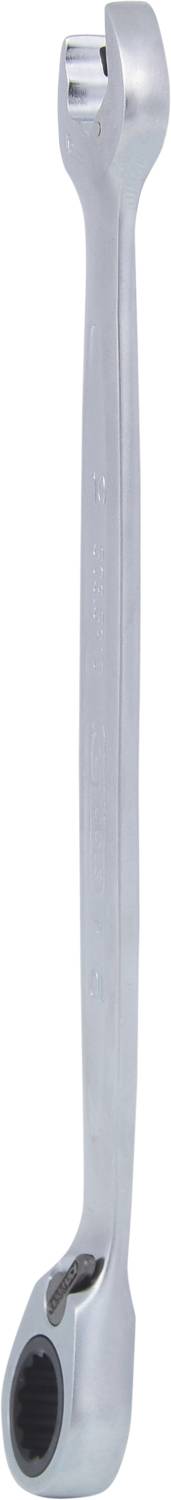 Ein silberner Ringschlüssel mit zwei unterschiedlichen Maulgrößen an den Enden.
