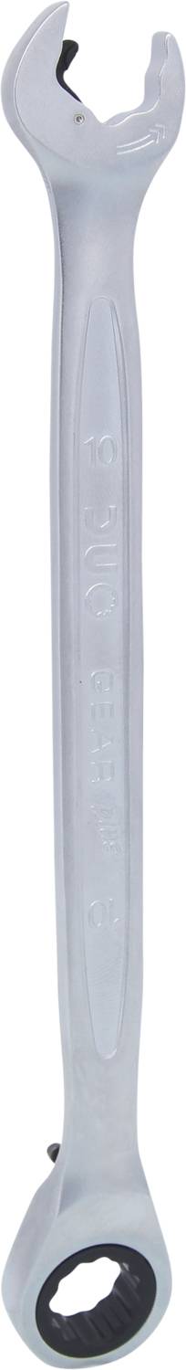 Grauer Ringschlüssel mit integriertem Ratschenmechanismus, geeignet für Schraubarbeiten an schwer zugänglichen Stellen.