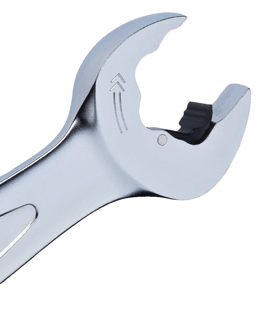 Ein silberner Schraubenschlüssel mit einem offenen Maulkopf. Der Schlüssel hat eine glänzende Oberfläche und ein geschwungenes Design.