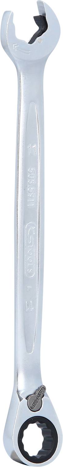 Ein silberfarbener Maulschlüssel mit Ratschenmechanismus, geeignet zum Festziehen und Lösen von Schrauben oder Muttern unterschiedlicher Größe.