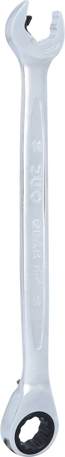 Ein silberner Doppelringschlüssel mit einer offenen und einer geschlossenen Seite. Beide Seiten sind durch einen langen Griff verbunden.