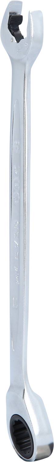 Ein silberner Schraubenschlüssel mit einem offenen Ende und einem ringförmigen Ende mit gezahntem Innenring, liegt vertikal.