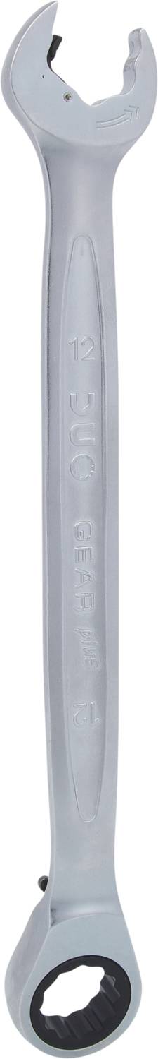 Ein silberner Schraubenschlüssel mit offenem Maul und Ratschenring, geeignet zum Anziehen oder Lösen von Schrauben und Muttern.