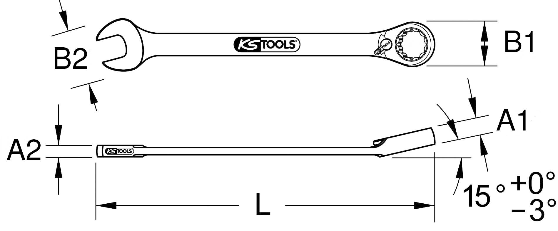 Technische Zeichnung eines Schraubenschlüssels mit Spezifikationen. Zeigt Winkel, Länge 'L', offene und ringförmige Enden, markiert mit 'B1', 'B2', 'A1', 'A2'.