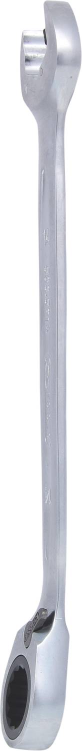 Ein silberner Ringschlüssel mit einer offenen und einer geschlossenen Seite, verwendet zum Anziehen oder Lösen von Schrauben und Muttern.