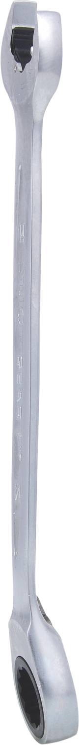 Ein chromfarbener Schraubenschlüssel mit abgewinkeltem Ende, geeignet zum Anziehen oder Lösen von Schrauben und Muttern.