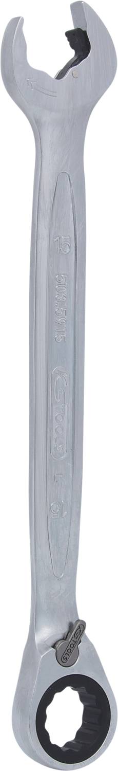 Ein silberner Maulschlüssel mit Ratschenring, verwendet zum Drehen von Schrauben und Muttern, bietet erhöhte Flexibilität und Effizienz.