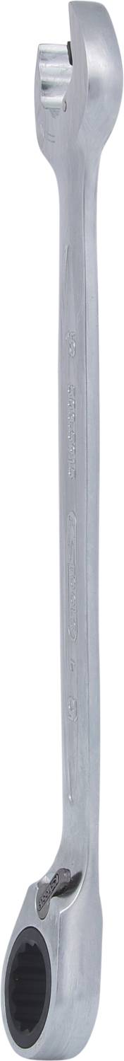 Ein silberner Maulschlüssel mit runder und offener Maulseite, leicht gebogenes Design. Geeignet für Schraubarbeiten.