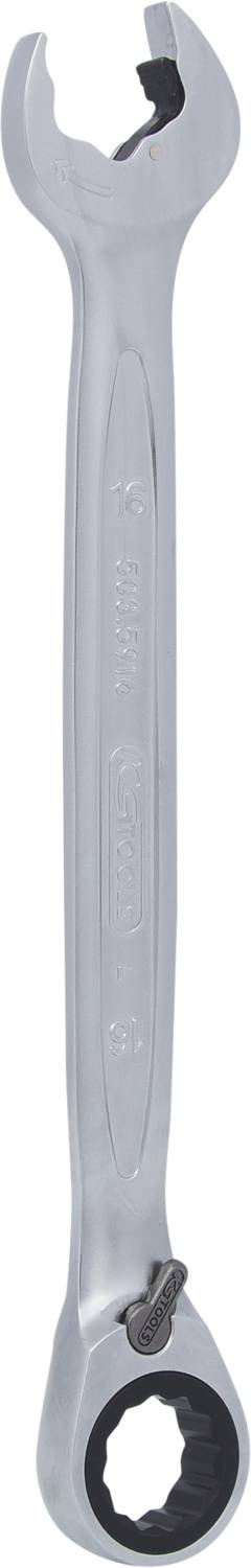 Ein silberner Maulschlüssel mit Ratschenring auf weißem Hintergrund.