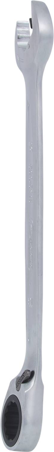 Ein silberner Doppelschlüssel mit einem Ringschlüsselende und einem Maulschlüsselende, geeignet zum Festziehen von Schrauben.