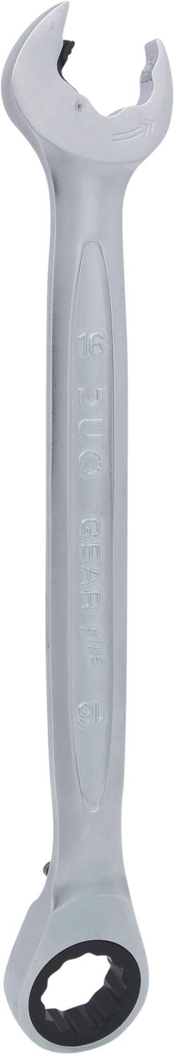 Ein silberner Schraubenschlüssel mit einem offenen Ende und einem geschlossenen Rundkopf. Ideal für Heimwerker- oder Reparaturarbeiten.