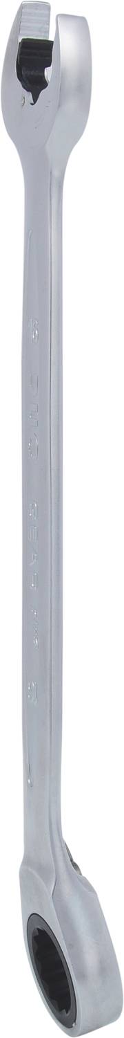 Ein silberner Schraubenschlüssel mit eingesetztem Ratschenmechanismus an einem Ende. Gedacht für mechanische Arbeiten und Reparaturen.