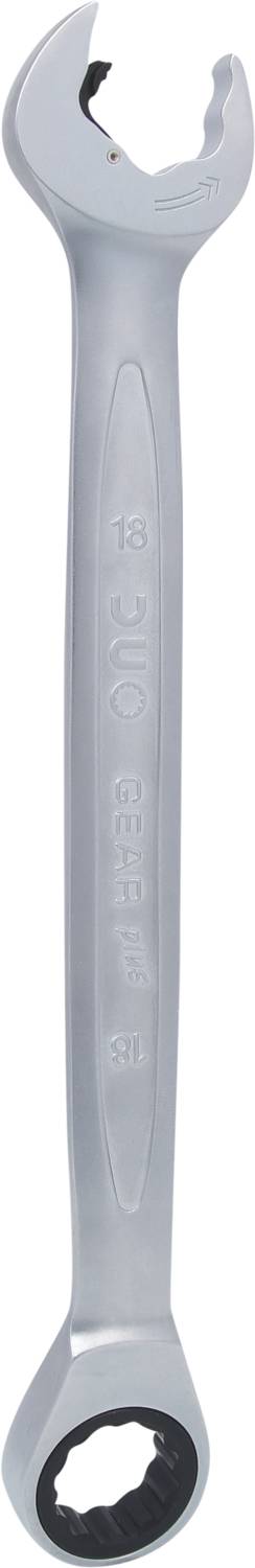 Ein silberner Maulschlüssel mit offener und geschlossener Seite, geeignet für verschiedene Schraubengrößen.