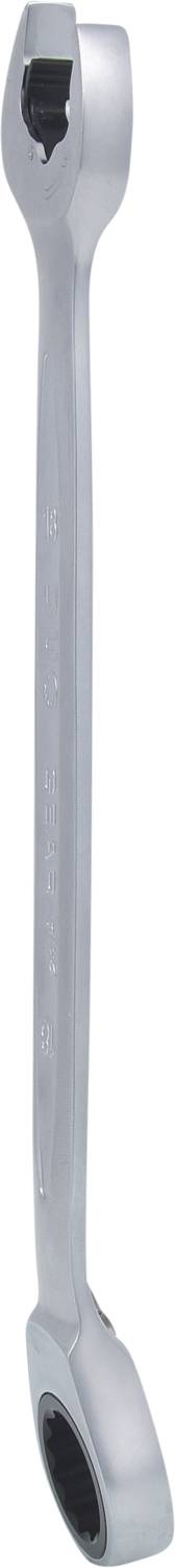 Silberner Ringmaulschlüssel mit einem Ratschenmechanismus an jedem Ende, geeignet für unterschiedlich große Schrauben und Muttern.