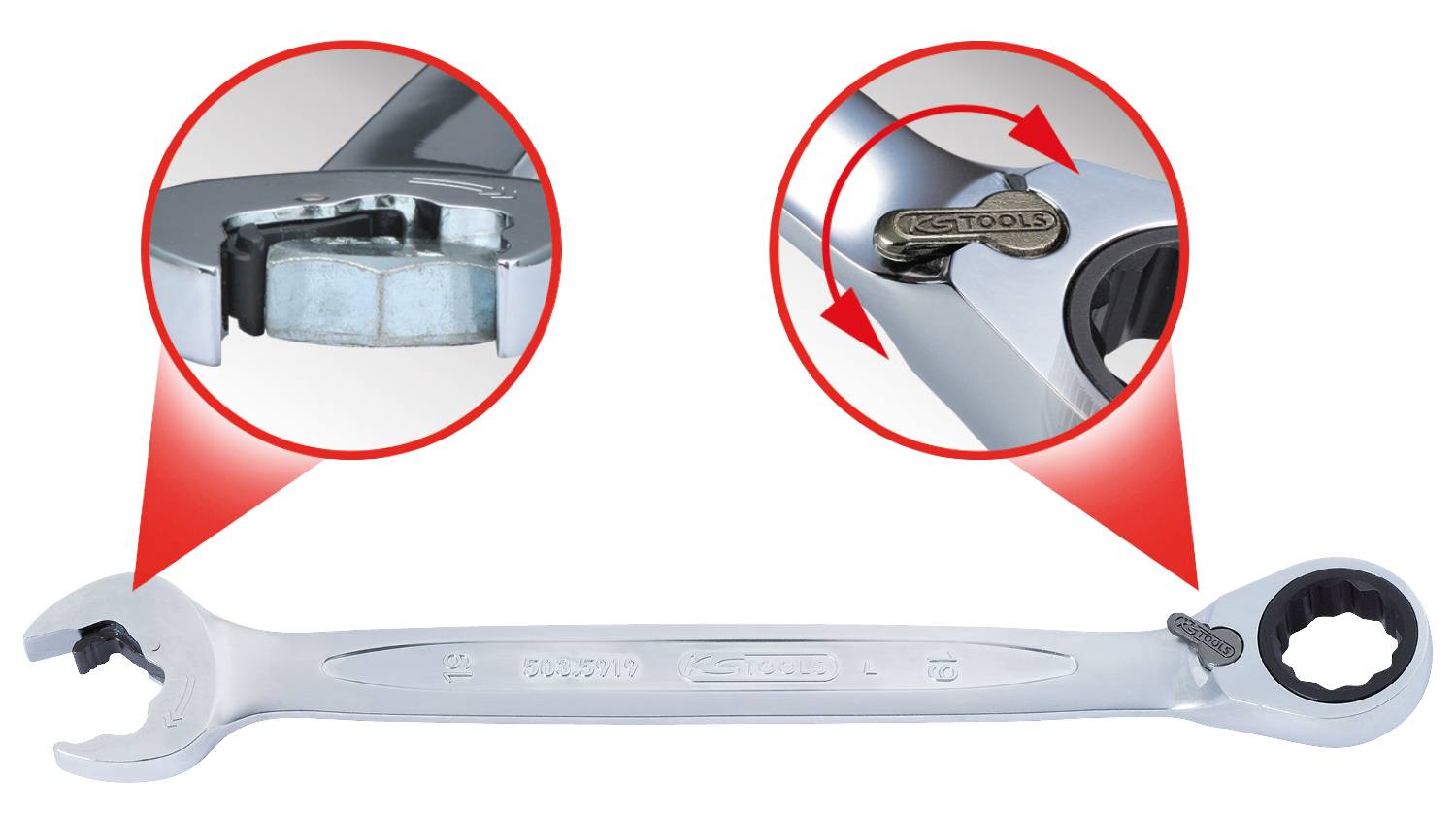 Offener Ringschlüssel mit Ratschenmechanismus, Nahaufnahme zeigt Details des Ratschensystems und Produktcode.