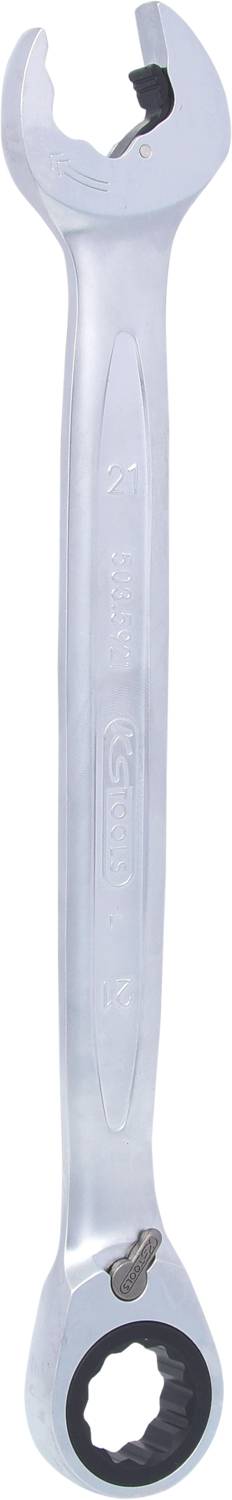 Ein silberner Schraubenschlüssel mit Ratsche an einem Ende und Gabel an dem anderen. Ideal zum Festziehen oder Lösen von Schrauben.