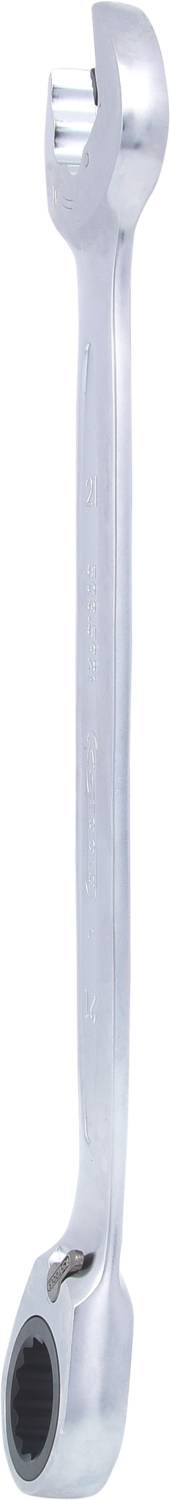 Ein silberner Ringschlüssel mit einem offenen und einem geschlossenen Ende, beide gebogen, auf weißem Hintergrund.