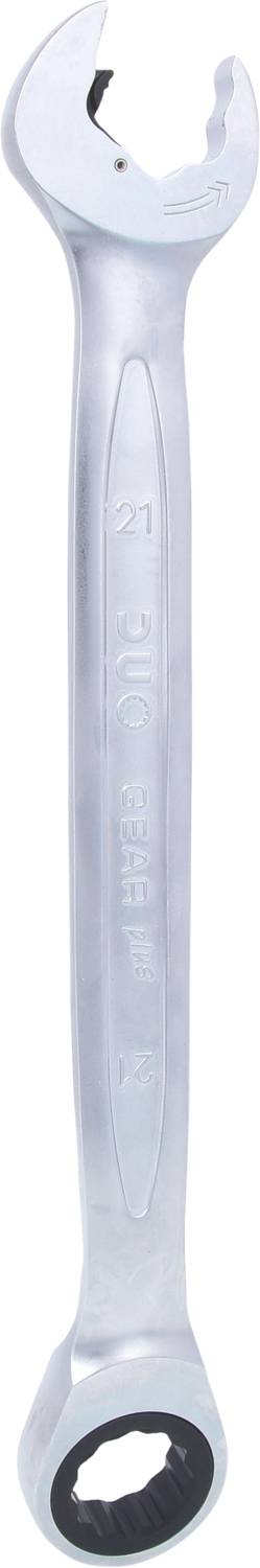 Ein silberner Schraubenschlüssel mit offenem und Ratschenende. Geeignet für Schrauben in verschiedenen Größen.