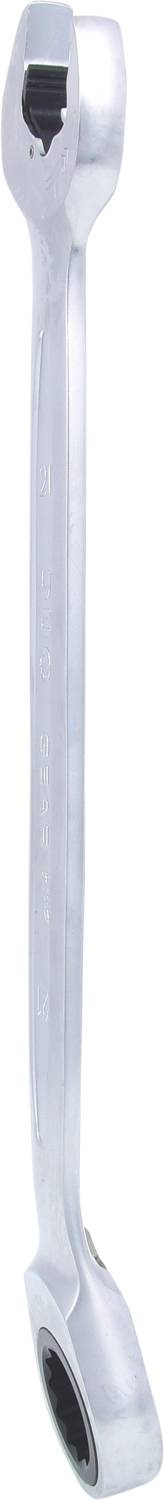Ein silberner Ringschlüssel mit einem geschlossenen und einem offenen Ende, verwendet zum Anziehen oder Lösen von Muttern und Schrauben.