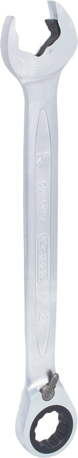 Ein Metallschraubenschlüssel mit einer offenen und einer Ratschen-Seite.